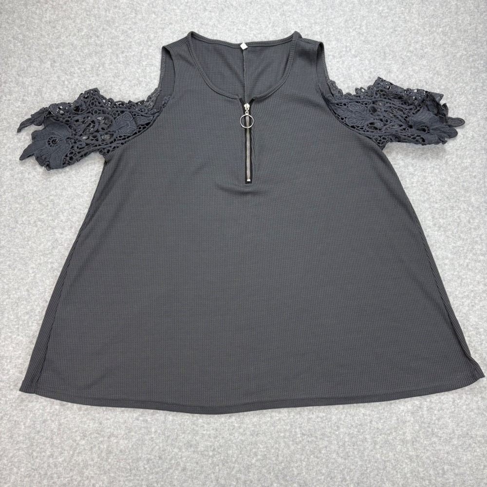 Cold Shoulder Lace Sleeve Top Womens XXL Dark Gray Waffle Knit Quarter Zip‎